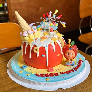 网红苹果星星人蛋糕装饰摆件彩色炫丽礼花儿童生日派对烘焙装扮