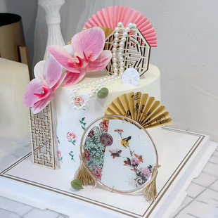 新中式 饰古风结婚订婚蝴蝶兰折扇摆件铁艺花鸟金环插件 婚礼蛋糕装