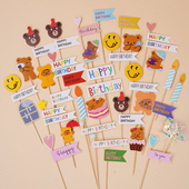 韩式 复古笑脸多色简易百搭生日蛋糕装 饰插件小熊蜡烛甜品插牌横幅