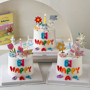 61儿童节快乐英文字母软胶三丽鸥脑袋摆件蛋糕装 饰品卡通六一插件
