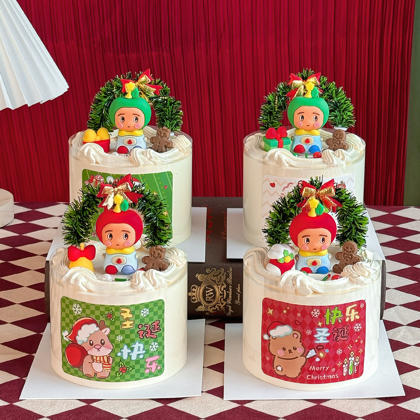 2026圣诞节快乐蛋糕装饰苹果星人摆件草圈拱门爱心蝴蝶结节日装扮