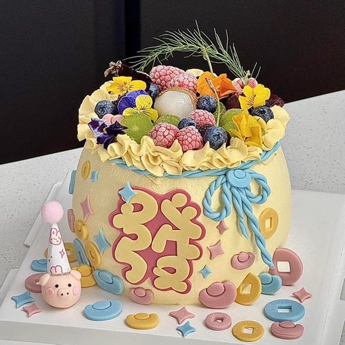 小猪蛋糕装饰发字铜钱福袋元宝