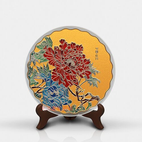 高端珐琅晶玻璃掐丝彩雕国花牡丹赏盘摆件家居饰品奖盘节日礼物