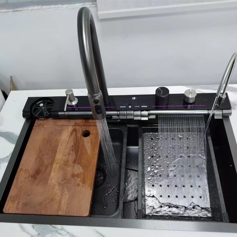 集成数显龙雨瀑布水槽大单槽不锈钢洗碗池台下洗菜盆网红龙雨单槽