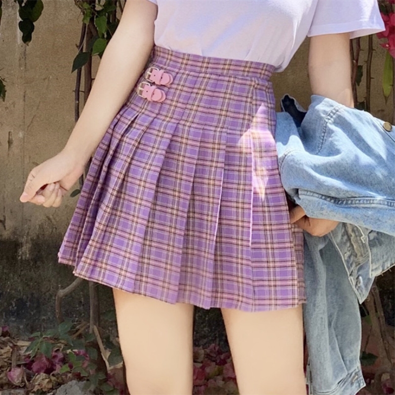 ins超火的夏韓版個性皮扣高腰紫色格子A字半身裙百褶裙短裙褲女在類目 女裝/女士精品, 半身裙中 - 來自Buy2taobao.com提供專業的淘寶代購服務