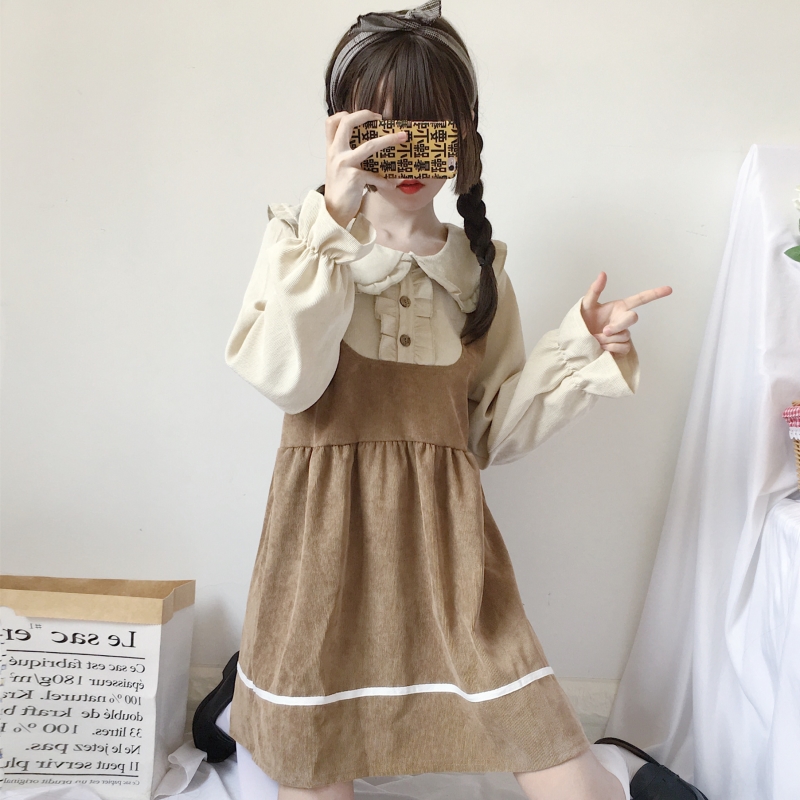 秋季日系软妹风可爱木耳边娃娃领拼接宽松假两件长袖连衣裙女学生