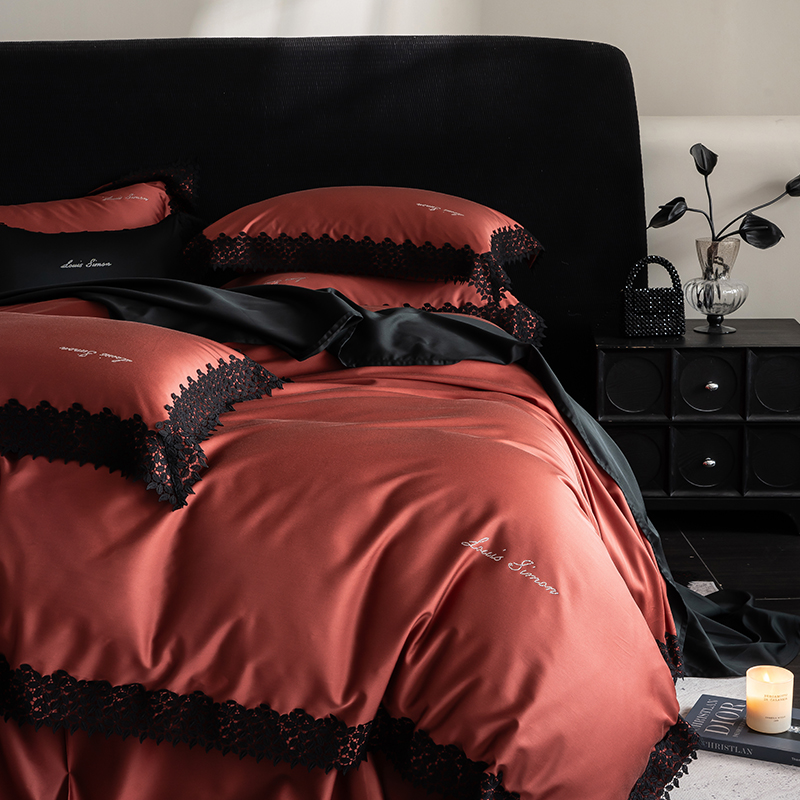 高端100支纯色天丝棉蕾丝花边四件套贡缎床单床笠被罩春秋夏床品