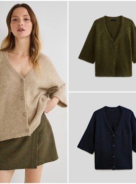 法系小众M0N0PR1X 女款  羊毛羊驼毛混纺V领短袖针织开衫 9806