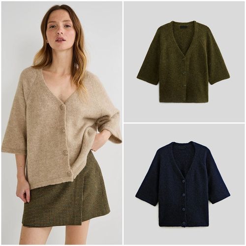 法系小众M0N0PR1X 女款  羊毛羊驼毛混纺V领短袖针织开衫 9806