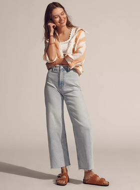 加州轻奢丹宁P1ST0 女款 浅蓝洗水高腰剪边阔腿牛仔裤 C960