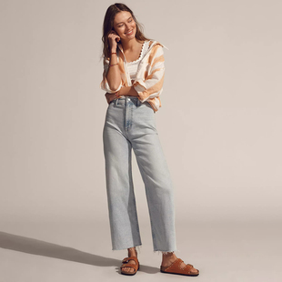 C960 浅蓝洗水高腰剪边阔腿牛仔裤 加州轻奢丹宁P1ST0 女款