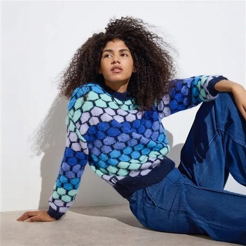 英伦美学OB 女款 蓝绿蜂窝纹宽松落肩针织衫 D579