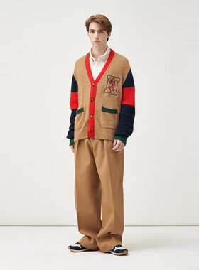 美式经典 男款 羊毛羊驼毛混纺V领刺绣针织开衫 D752