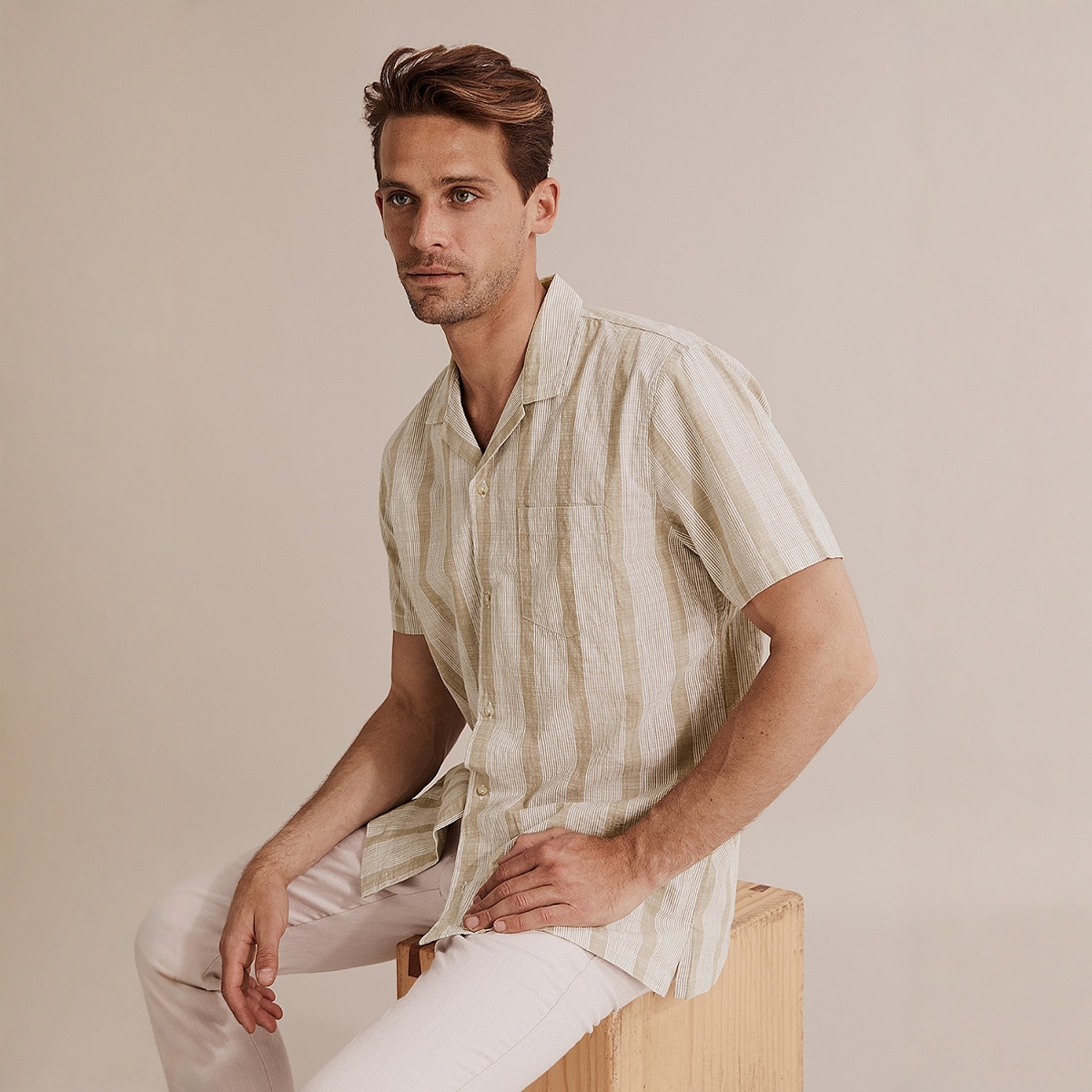 澳洲轻奢C0UNTRY R  男款 古巴领单口袋条纹短袖衬衫 A719