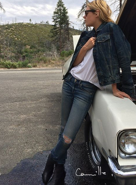 美系新锐RB 女款 蓝色洗水SKINNY磨破修身牛仔裤 A495