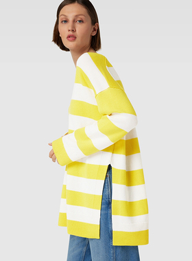 美式老钱风 女款 100羊毛V领条纹宽松下开衩针织衫 C980