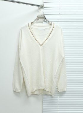 俄系轻奢 女款  羊毛混纺V领饰边落肩针织开衫 8614