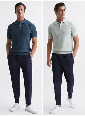 英伦简约RS 男款 按扣纹理翻领短袖针织上衣 9002