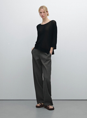 西班牙M系 女款 亚麻混纺船领落肩七分袖侧开开叉针织衫 9464