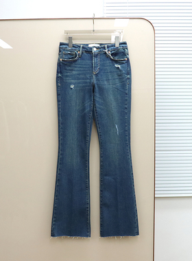 美式丹宁DJ 女款 蓝色洗水高腰剪边微喇弹力牛仔裤 D246
