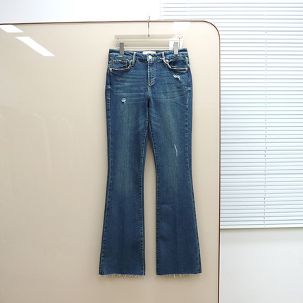 美式丹宁DJ 女款 蓝色洗水高腰剪边微喇弹力牛仔裤 D246