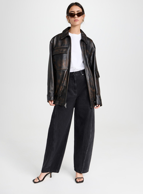 美系设计师T1B 女款 黑色洗水宽腿廓形立体剪裁牛仔裤 8329