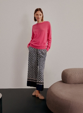 德系麦凯嗯 女款 真丝桑蚕丝羊毛羊绒混纺玫红船领针织衫 6269