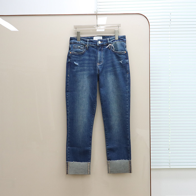 美式丹宁DJ 女款 深蓝洗水磨破剪边直筒弹力牛仔裤 F589