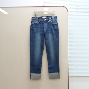 深蓝洗水磨破剪边直筒弹力牛仔裤 女款 F589 丹宁DJ 美式
