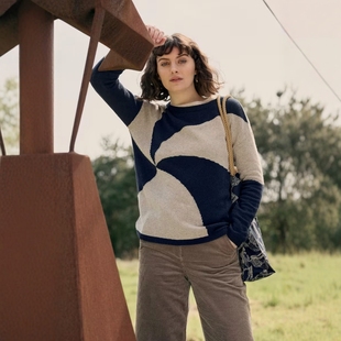 D603 羊毛混纺圆领拼色提花宽松针织衫 英伦se@s@1t 女款