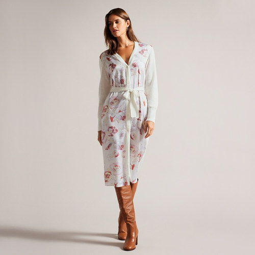 英伦TB 女款 棉麻混纺印花拼接长款针织开衫 缺腰带 C349