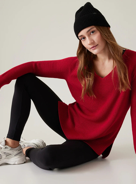 美系轻奢运动@TH1 女款 美利奴羊毛混纺V领罗纹宽松针织衫 E169