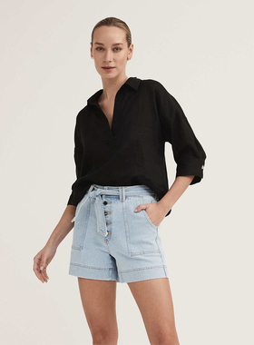 澳洲轻奢WH 女款  浅蓝洗水前排扣牛仔短裤 缺腰带 A376