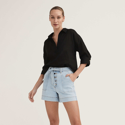 澳洲轻奢WH 女款  浅蓝洗水前排扣牛仔短裤 缺腰带 A376