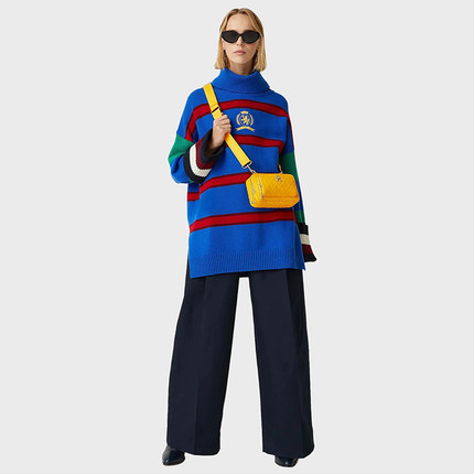 美式经典 女款 秀款100羊毛高领徽标刺绣宽松落肩针织衫 D762