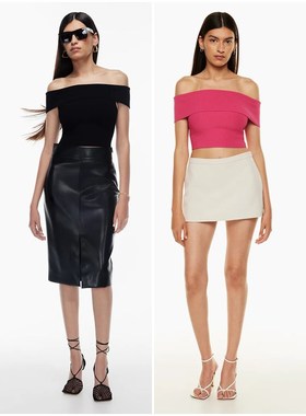 加拿大红牌 女款 塑型纱线一字露肩罗纹针织上衣 A974