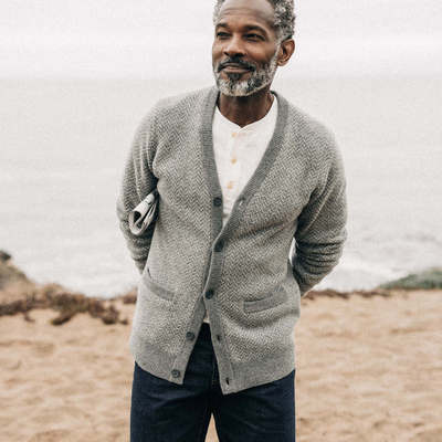 加州美式复古TS  男款  100羊毛人字纹宽松长袖针织开衫 D641