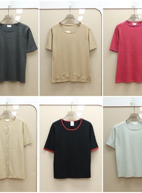 面料控入 出岛国 女款 真丝羊绒混纺圆领短袖针织衫合集 C075