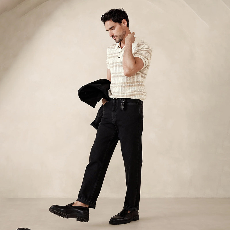 美系蕉国BR 男款 条纹棉麻混纺翻领短袖针织上衣 B890