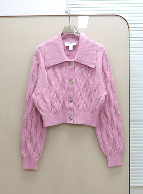 北欧风0S 女款 羊毛混纺翻领绞花短款针织开衫 E657