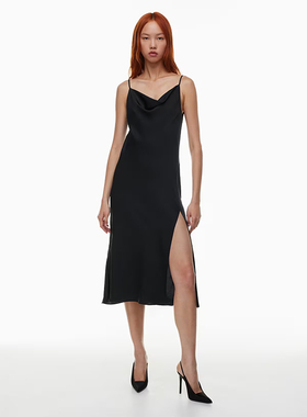 加拿大红牌 女款 日本缎面吊带荡领开衩连衣裙 B242