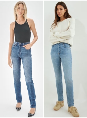 加拿大红牌DF 女款 蓝色洗水高腰SLIM小直筒牛仔裤 D891