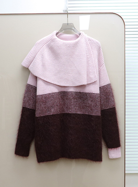 北欧风CS 女款  羊毛混纺拼色宽松针织衫 E937