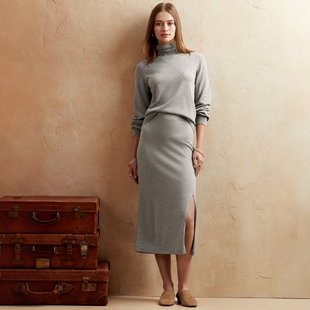 B916 松紧腰金属纤维混纺下开叉针织半身裙 美系蕉国BR 女款