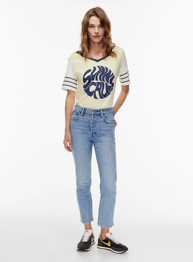 加拿大红牌DF 女款 蓝色洗水九分高腰小直筒牛仔裤 D912