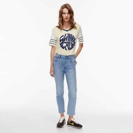 加拿大红牌DF 女款 蓝色洗水九分高腰小直筒牛仔裤 D912