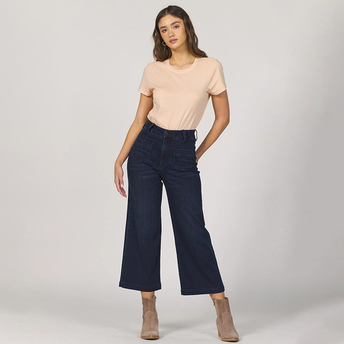 美式丹宁DJ 女款 深蓝洗水高腰阔腿前贴袋牛仔裤 D260