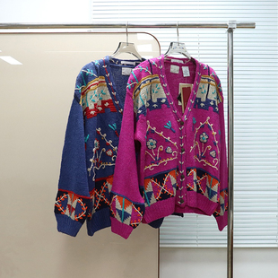 美式 毛衣C959 复古HANDMADE手工钩编粗针真丝桑蚕丝宽松开衫