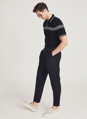 英伦简约RS 男款 莫代尔混纺半拉链翻领条纹短袖针织衫 C523