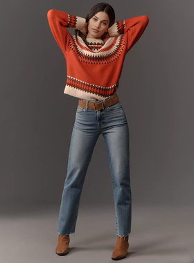 加州轻奢丹宁P1ST0 女款 浅蓝洗水高腰剪边磨破直筒牛仔裤 C914